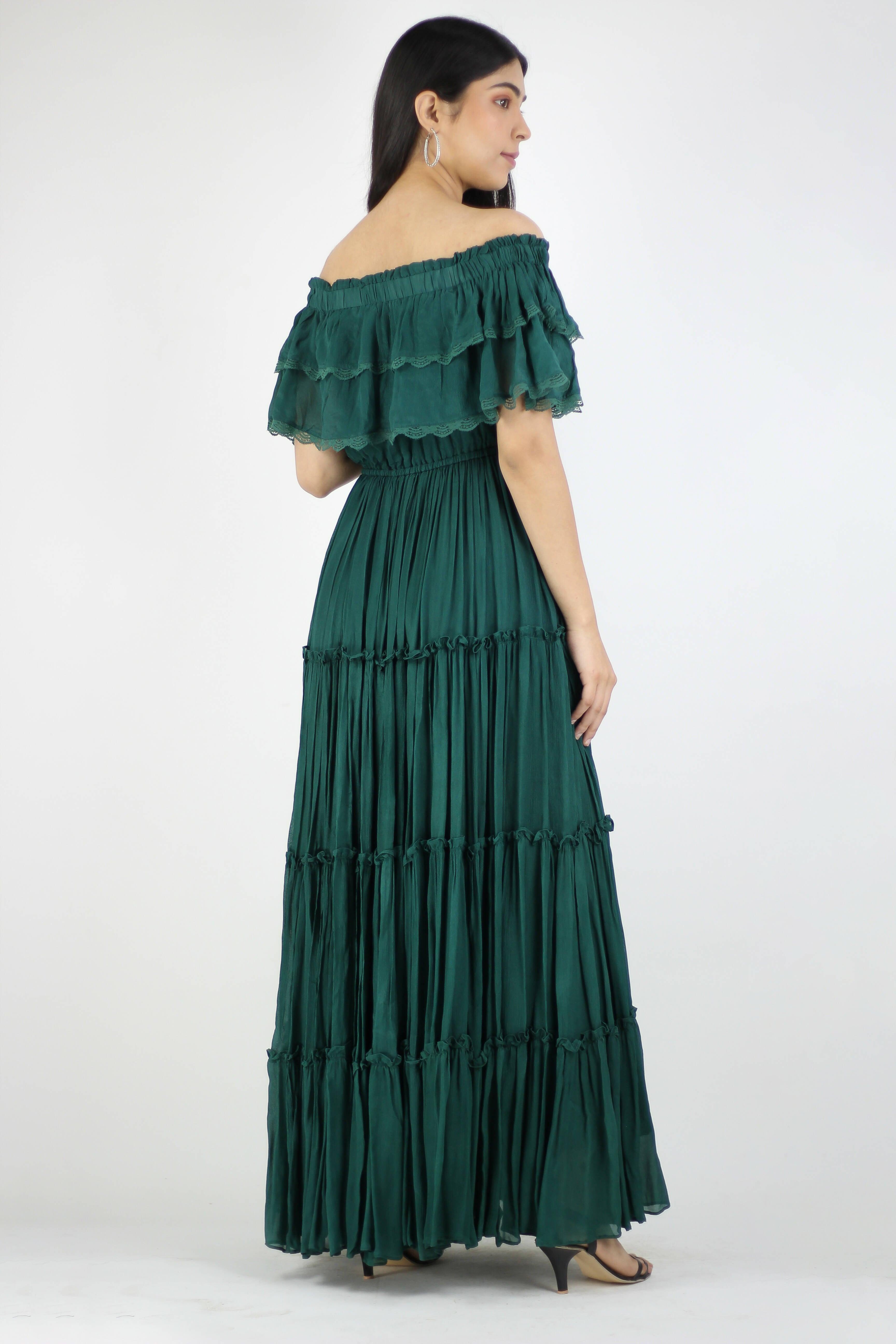 Artyska Green Off-Shoulder Chiffon Full-Length Dress