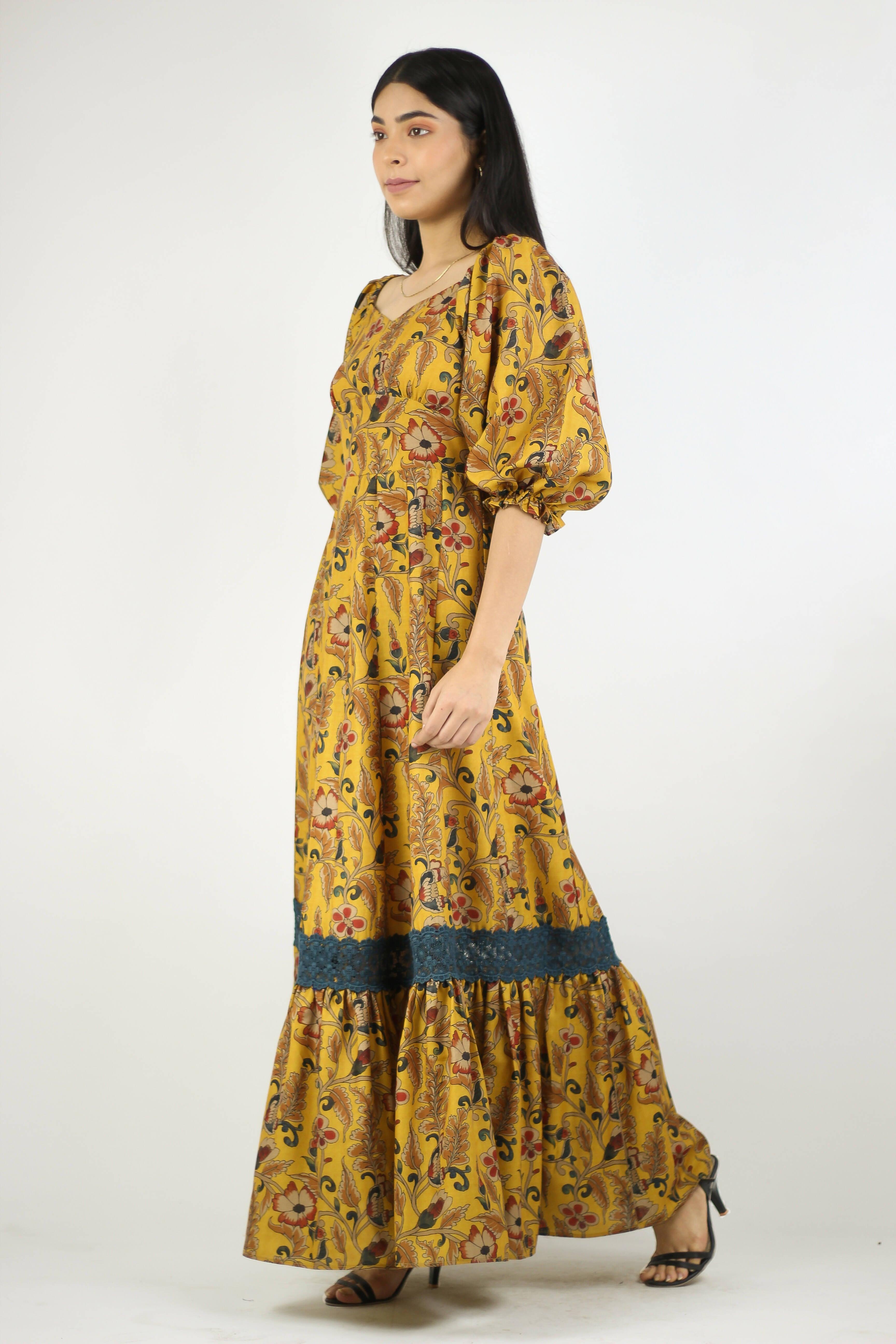 Artyska Women's Off Shoulder Printed Kalamkari Long Dress