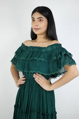 Artyska Green Off-Shoulder Chiffon Full-Length Dress - Meraki Store