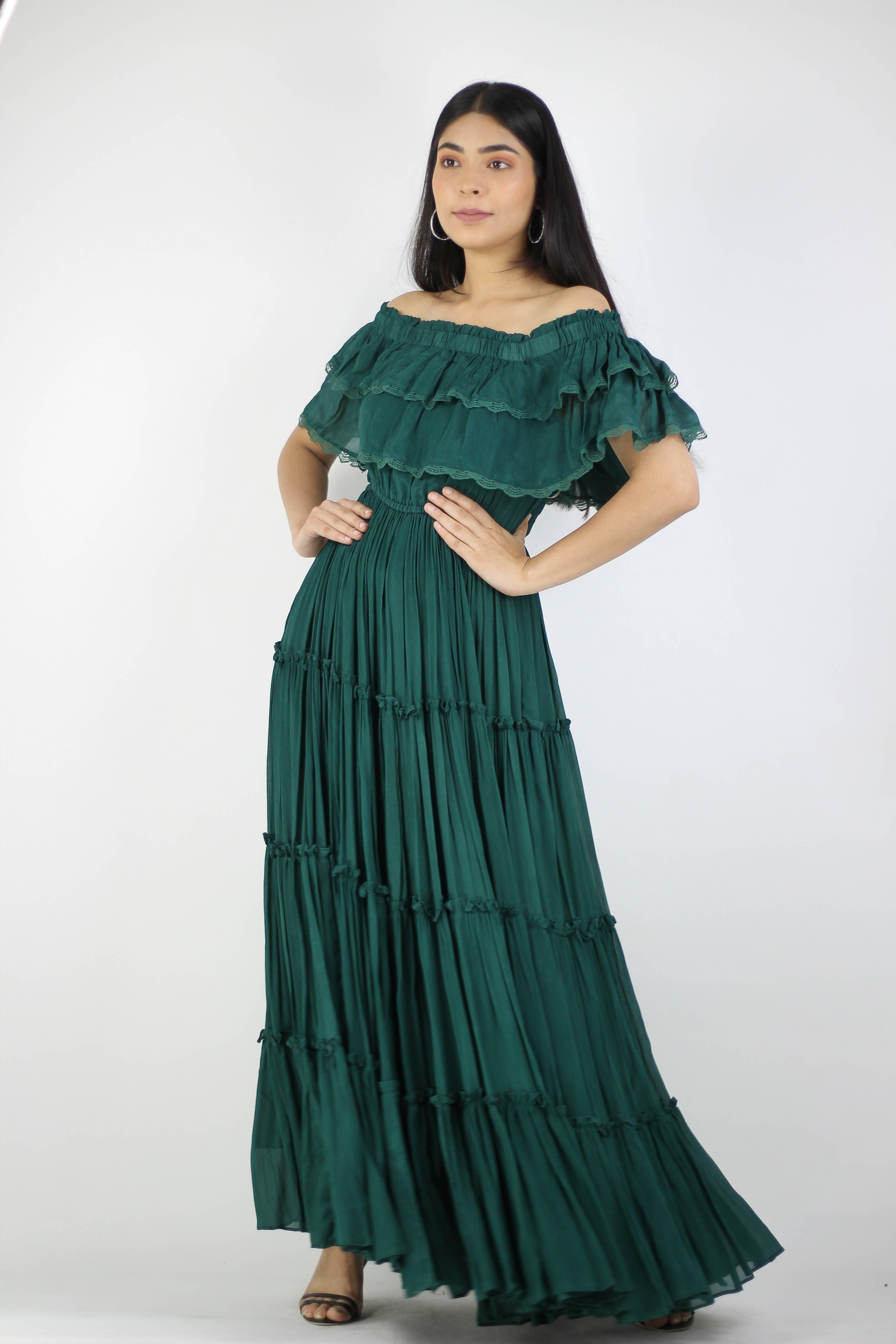 Artyska Green Off-Shoulder Chiffon Full-Length Dress